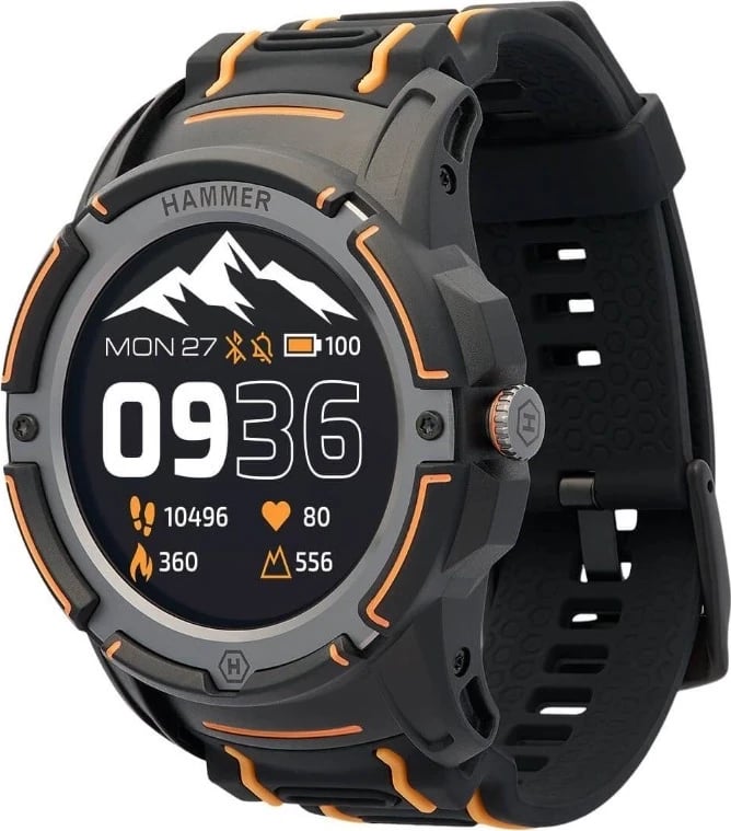 Orë inteligjente myPhone Hammer Watch Plus, me GPS dhe matës të pulsit, e zezë-portokalli