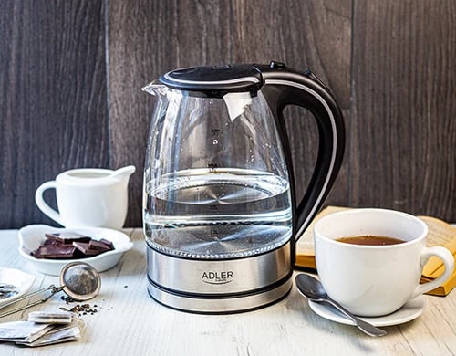 Çajnik elektrik, Adler AD 1225, 1.7 L, qelq, 1850–2200W, bazë 360°, ndriçim LED, filtër sedimenti, e zezë