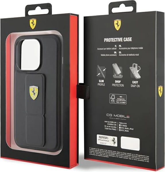 Mbështjellës Ferrari Grip Stand Metal Logo për iPhone 15 Pro Max, i zi
