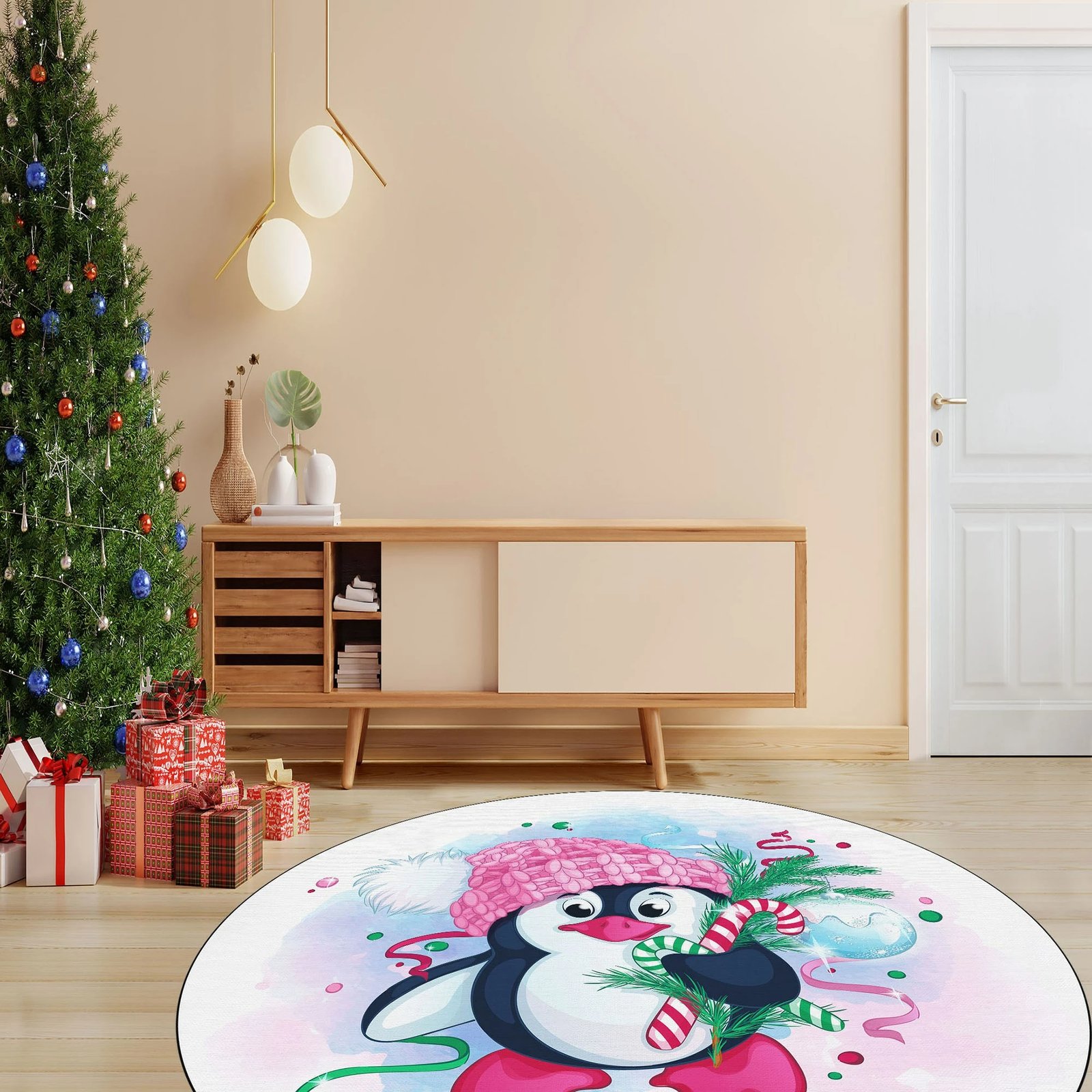 Qilim i rrumbullakët, shumëngjyrësh, dizajn me pinguin, 80cm, Woopamuk459