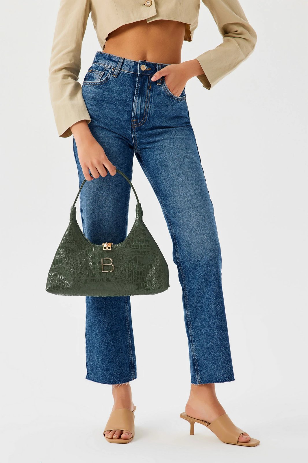 Çantë krahu Lucky Bees, model 505, ngjyrë jeshile krokodili