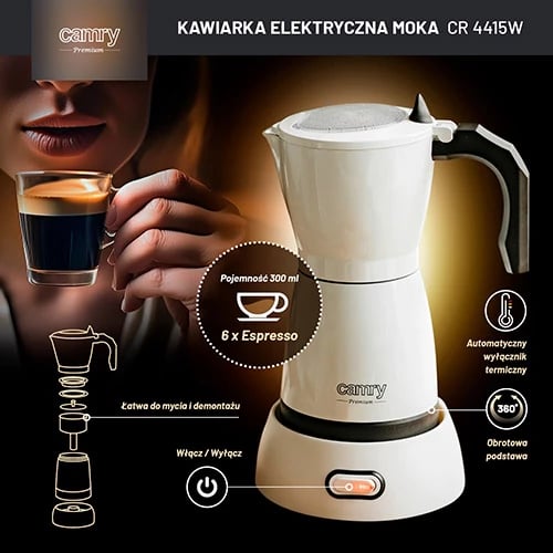 Mokapot elektrik, Camry, CR 4415W, 300 ml 6 filxhanë, 480W, bazë rrotulluese 360°, alumini, e bardhë