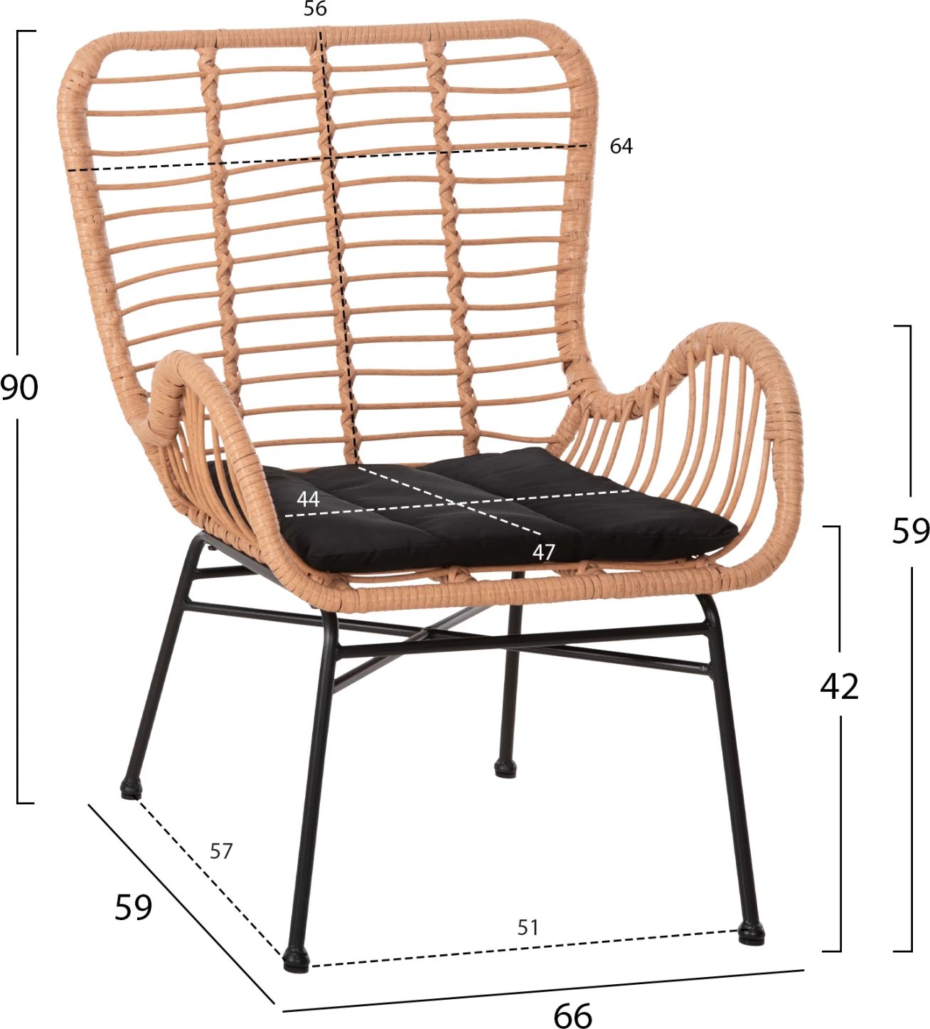 Karrige e jashtme bergere stil, Allegra, FH5704.11, p.e. rattan, ngjyrë bezhë-metal i zi, 66x59x90H cm