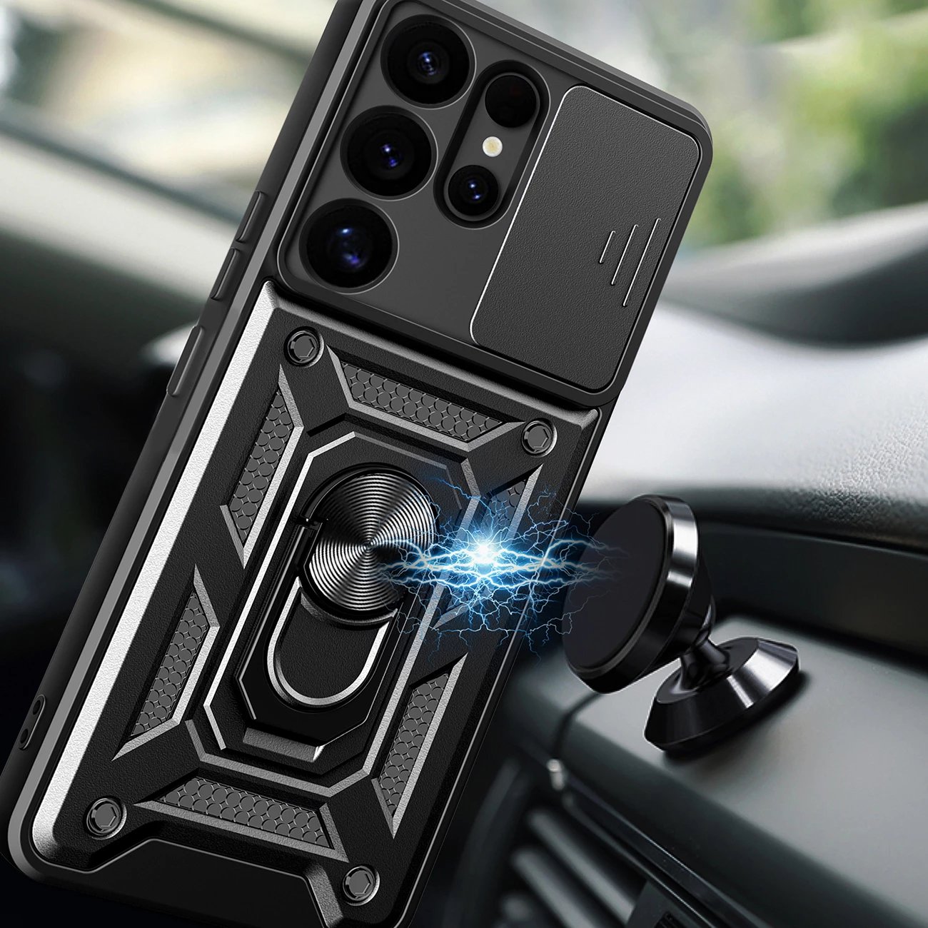 Mbështjellës Hurtel Hybrid Armor Camshield me kapak kamere dhe unazë metalike për Samsung Galaxy S25 Ultra, Zi