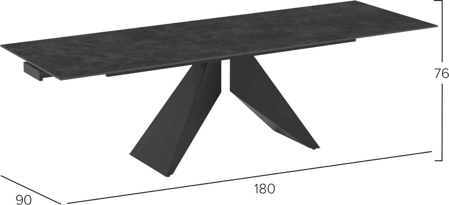 Tavolinë ngrënieje e zgjatshme Dominion, sipërfaqe qeramike, këmbë metalike, 180(40+40)x90x76cm
