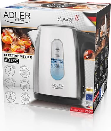 Çajnik elektrik, Adler, AD 1273, 1.0 L, 1000–1200W, trup çelik inox, bazë 360°, inox