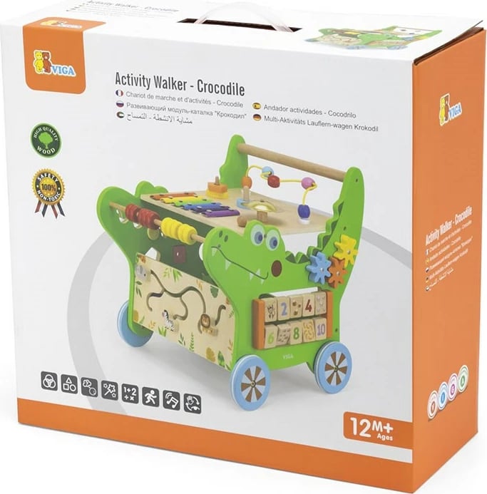 Ecëse druri për bebe, Viga, Crocodile, panel aktiviteti me numra e forma, rrota me goma antirrëshqitje, 12m+, e gjelbër