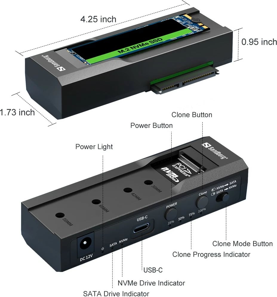 Dock Sandberg USB 3.2 Cloner për M2 + NVMe + SATA, i zi