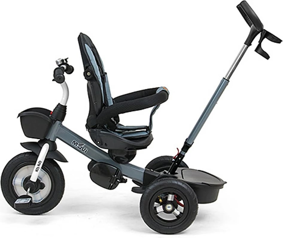 Tricikel për fëmijë Milly Mally Movi sedile 360°, rrota të fryra, dorezë prindi e rregullueshme, tendë palosëse, gri