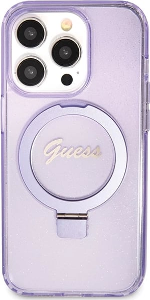 Mbështjellës Guess Ring Stand Script Glitter MagSafe për iPhone 15 Pro, vjollcë