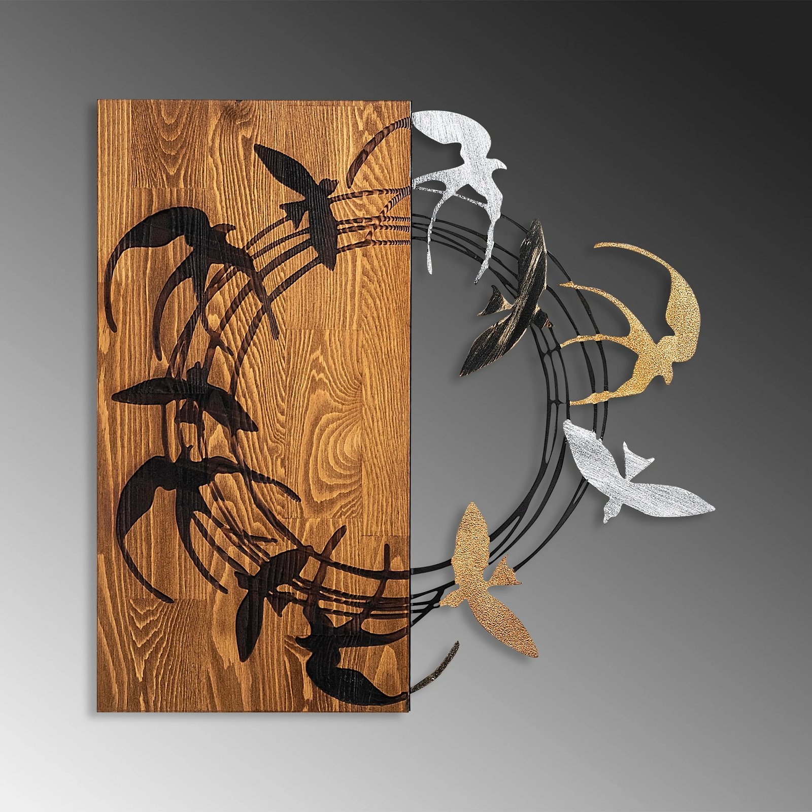 Aksesor dekorativ muri prej druri, Spiral Birds 2, ngjyrë arre dhe e zezë, Wallity, 58x58cm