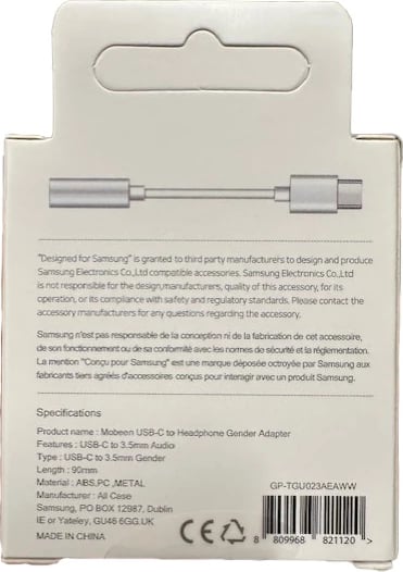 Adapter audio Samsung GP-TGU023AE DAC USB-C në 3.5mm mini jack, e bardhë Adapter audio Samsung GP-TGU023AE DAC USB-C në 3.5mm mini jack, e bardhë