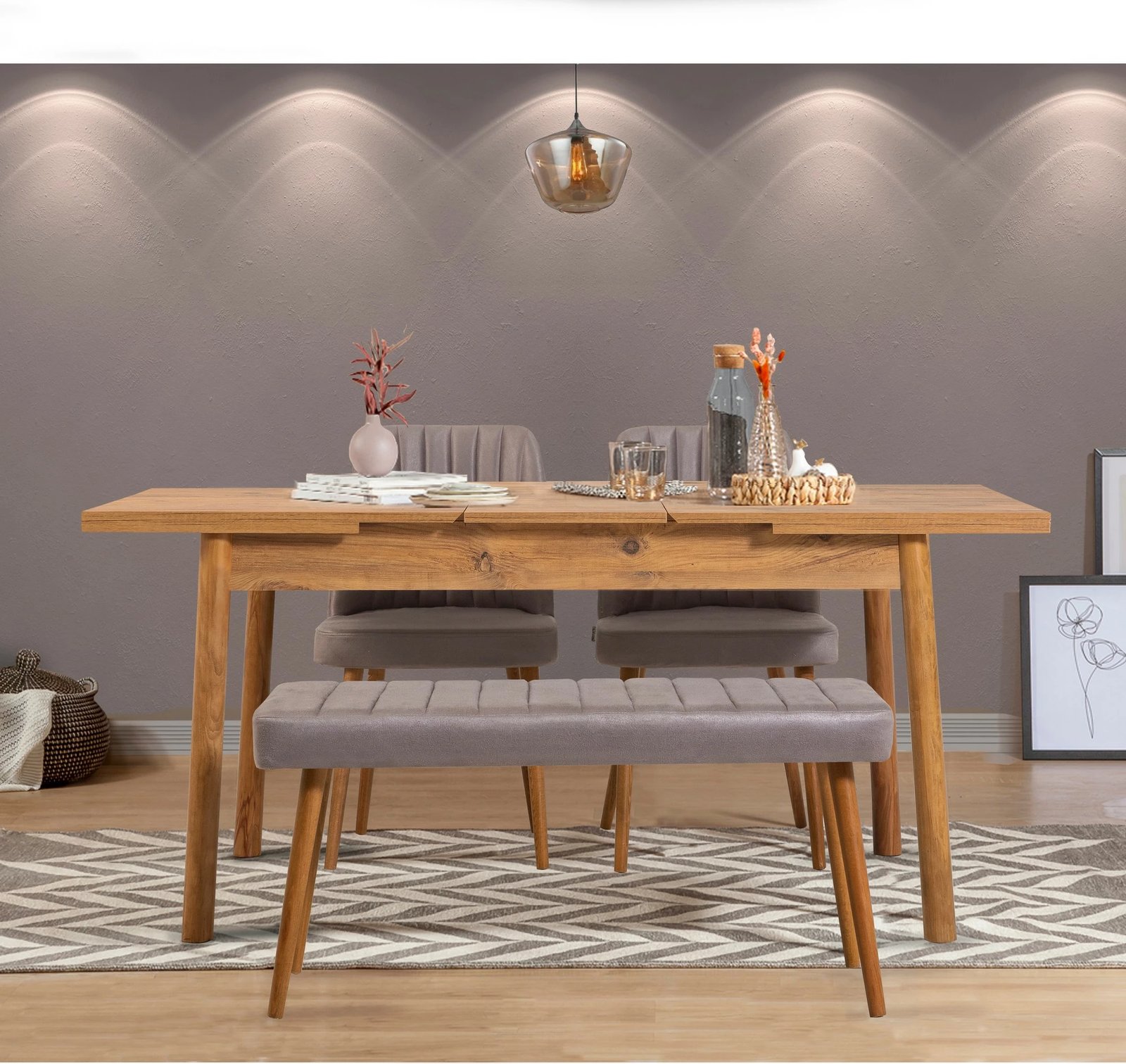 Set tavolinë me karrige për ngrënie, zgjatës, 4 pjesë, Skye Decor, ngjyrë pishë Atlantike, Soho gri