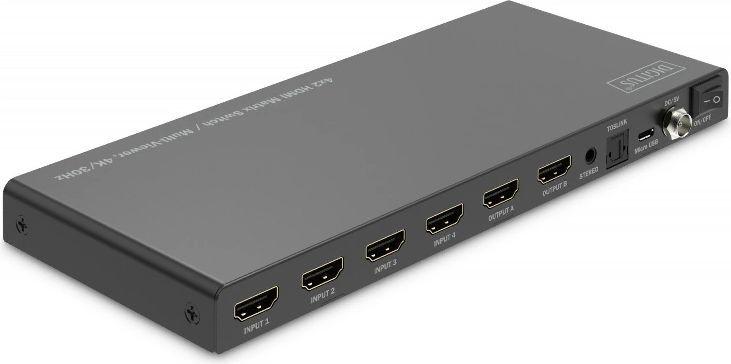 Switch HDMI Digitus DS-55345, 4 hyrje, 2 dalje, 4K/30Hz, me telekomandë, i zi