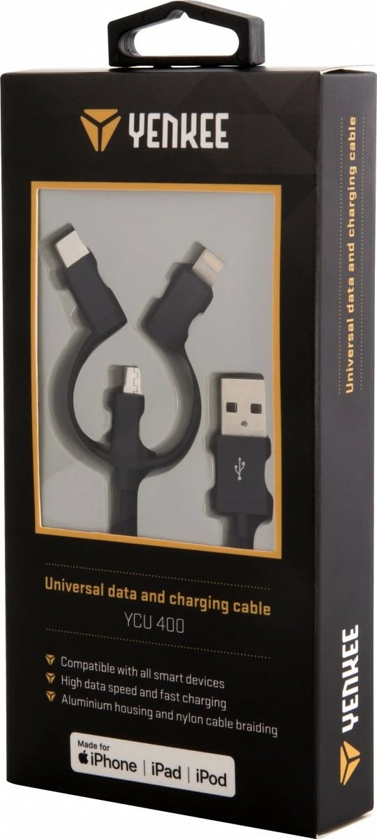 Kabllo universale YENKEE YCU 400BK, 1m, USB A në USB C/Micro USB/Lightning, e zezë Kabllo universale YENKEE YCU 400BK, 1m, USB A në USB C/Micro USB/Lightning, e zezë