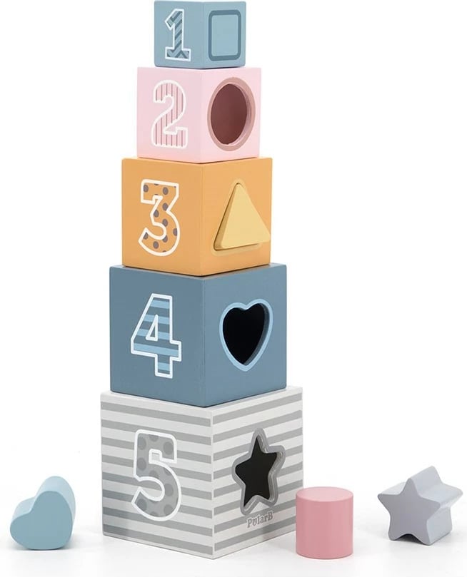 Piramidë druri me numra, Viga Polar Bear, 5 kube + sorter formash, 24M+, multingjyrëshe
