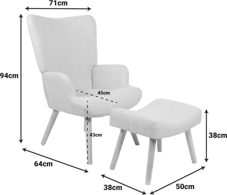 Fotel me tabure Gerlina, material gri-bezhë, këmbë ngjyrë natyrale, 71x64x94cm