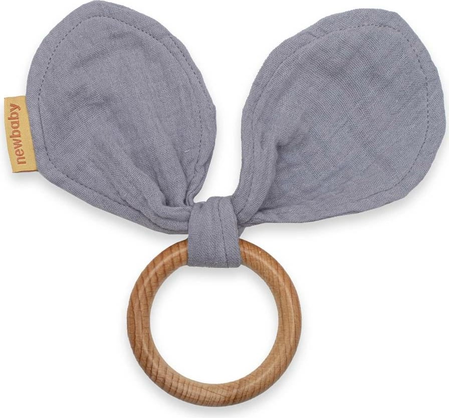 lodër dhëmbëzimi, New Baby, Ears, dru fagu + muslinë organike, 14.5x10 cm, gri