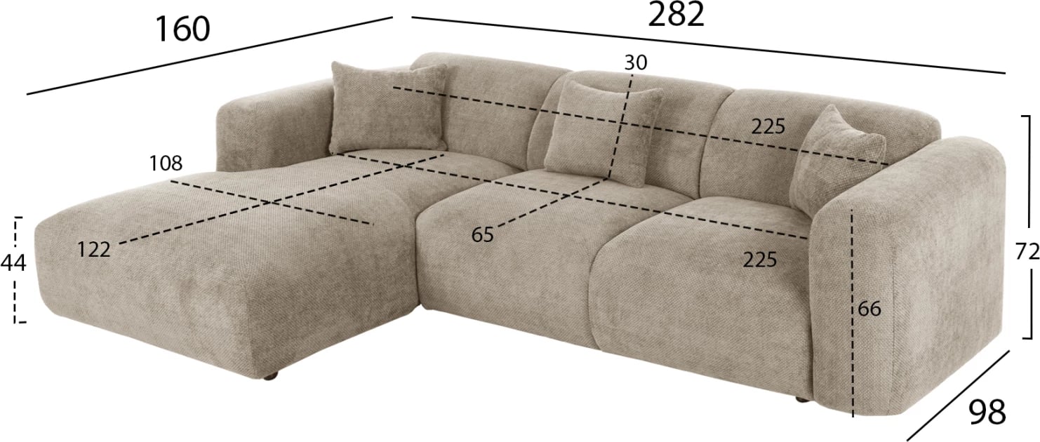 Divan qoshe BRICKEN FH3275.01L, pëlhurë bezhë, 110-282x98-160x72H cm