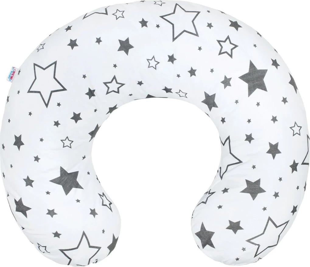 Jastëk gjidhënie, NEW BABY, Stars, mbështjellës pambuk 100%, mbushje poliester anti-alergjik, me këllëf të heqshëm, rreth 125 cm x Ø16 cm, bardhë me yje gri