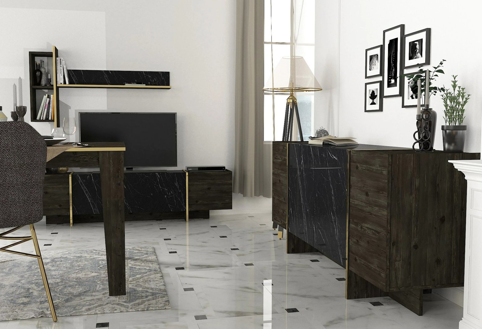 Set mobiljesh për dhomë dite, Skye Decor Veyron Set 3, ngjyrë e zezë dhe ari