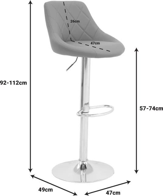 Karrige për bar Boronez, lartësi e rregullueshme, lëkurë artificiale e zezë, bazë kromi, 47x49x112cm, set prej 2 copash