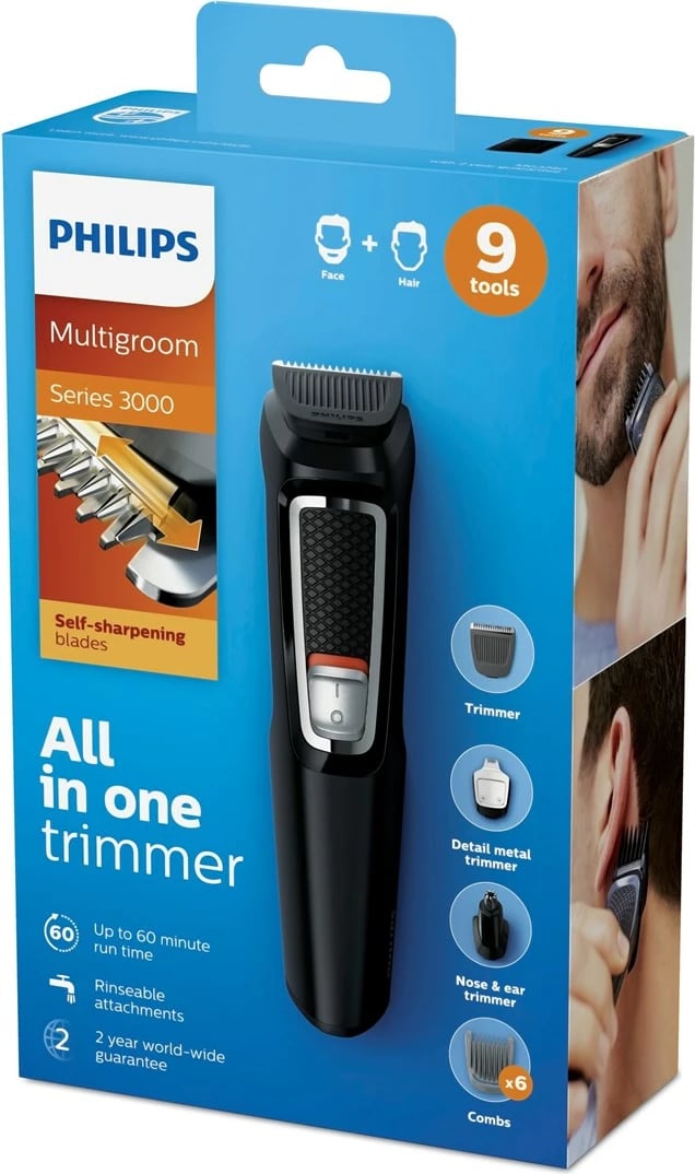 Set për Rregullim të Flokëve dhe Fytyrës Philips MULTIGROOM Series 3000, 9 në 1, i Zi