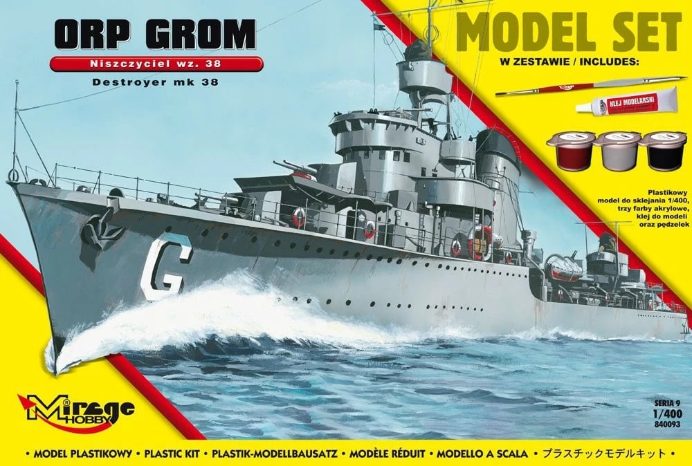 Set model anije Mirage ORP Grom wz.38, 1:400, me ngjyra dhe ngjitës