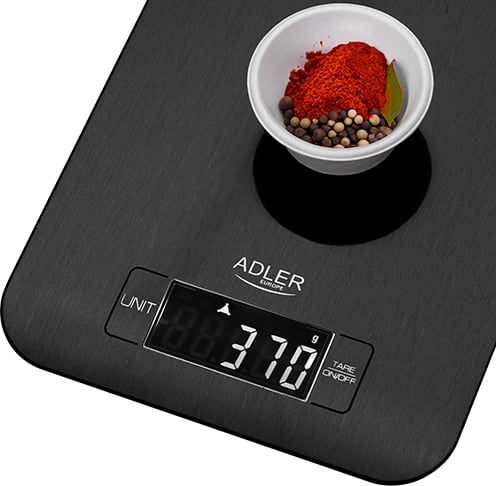 Peshore kuzhine, Adler AD 3183, kapacitet 5 kg, saktësi 1 g, ekran LCD me ndriçim, platformë çelik inox, e zezë