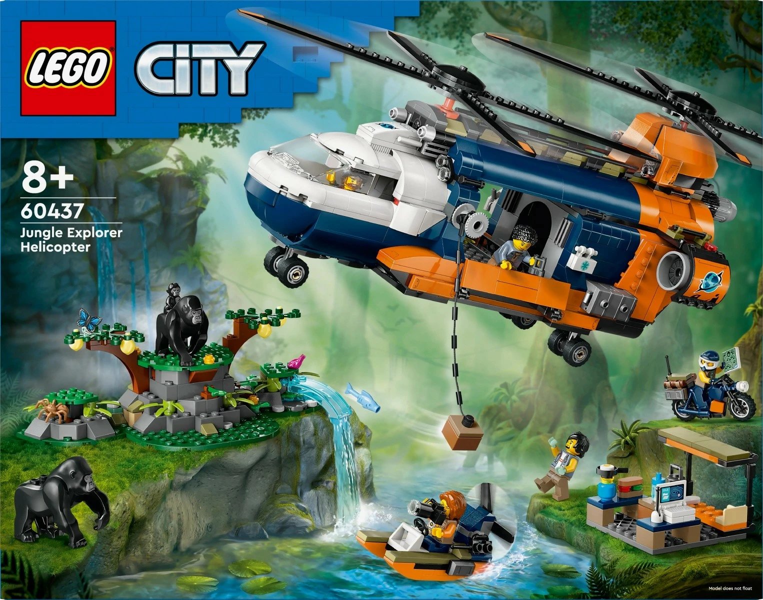 Set LEGO City Jungle Researcher Helicopter Base 60437, 881 pjesë, për fëmijë 8+, me helikopter, motor, hovercraft, 5 minifigura dhe 3 gorilla