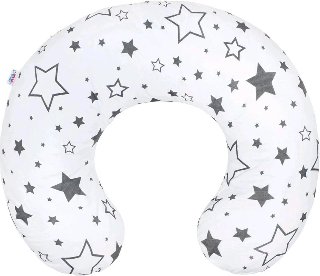 Mbulesë jasteku gjidhënie, New Baby, Stars, pambuk 100%, me zinxhir të fshehtë, e bardhë me yje gri