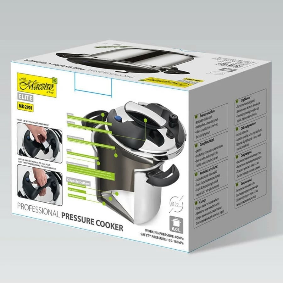 Tenxhere me presion Feel-Maestro MR-2901, 6.0L, 22cm, 80 kPa, çelik inox, e zezë/argjend