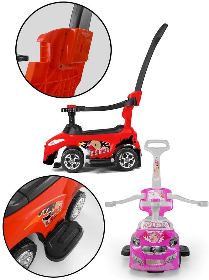 makinë lodër ride-on Milly Mally Happy 2n1 me timon muzikor, shufër drejtimi dhe mbajtëse këmbësh, kapacitet 30 kg, e kuqe