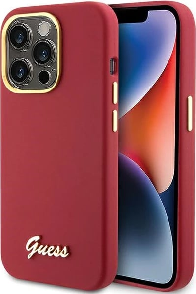 Mbështjellës Guess për iPhone 15 Pro, Silicone Script Metal Logo & Frame, Kuq