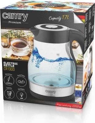 Zierëse uji, Adler CR 1300, 1.7 L, deri 2200W, xham, bazë 360°, ndriçim LED, e zezë