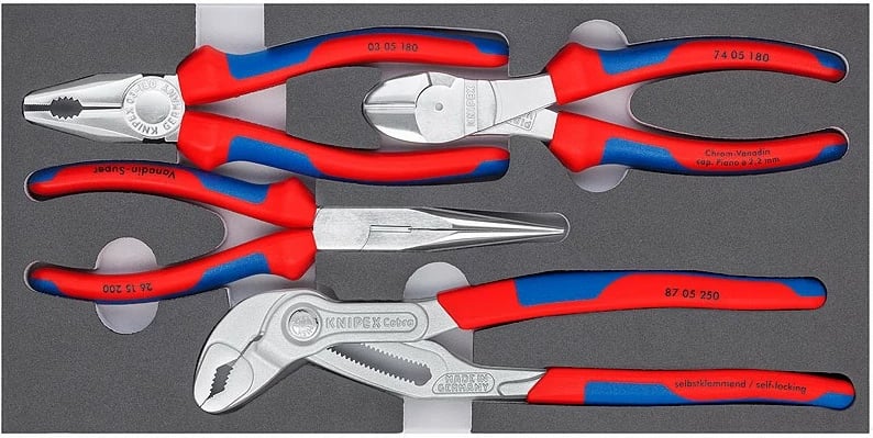Set darash Knipex Zangen-Set Basic Chrom, 4 copë, krom, doreza të kuqe/blu