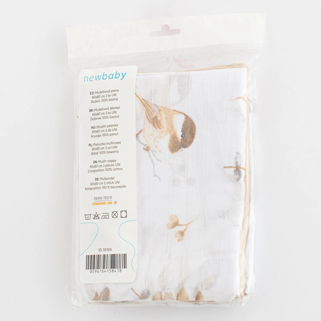 Pelenë muslini New Baby 60x80 cm pambuk 100%, ngjyra të përziera, set 3 copë