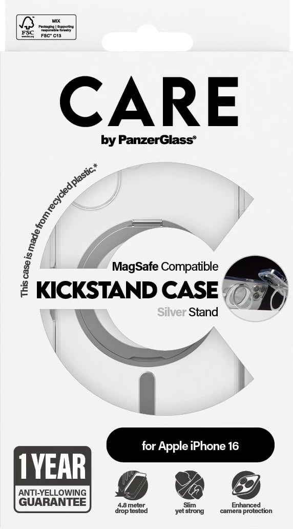 Mbështjellës PanzerGlass CARE Case, MagSAFE, kickstand argjendtë, për iPhone 16, transparent