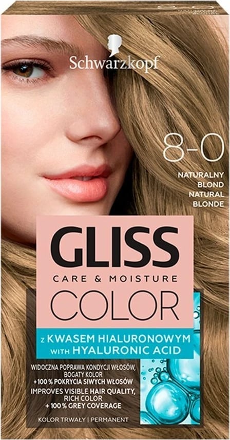 Ngjyrë për flokë për femra Gliss Color Care & Moisture 8-0 Natyral Blond