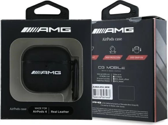 Mbështjellës AMG për AirPods 4, lëkurë, logo e bardhë, i zi