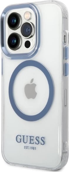 Mbështjellës Guess Metal Outline Magsafe për iPhone 14 Pro Max 6.7", kaltër/transparente