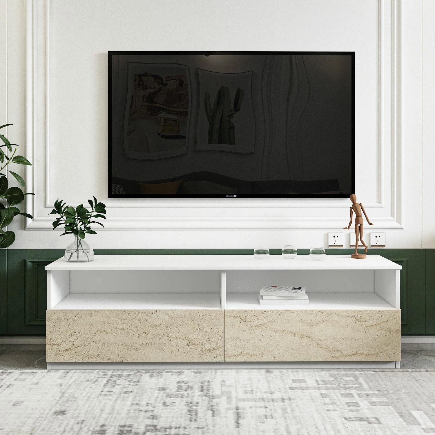 Konsolë TV, ngjyrë e bardhë dhe travertin, Skye Decor