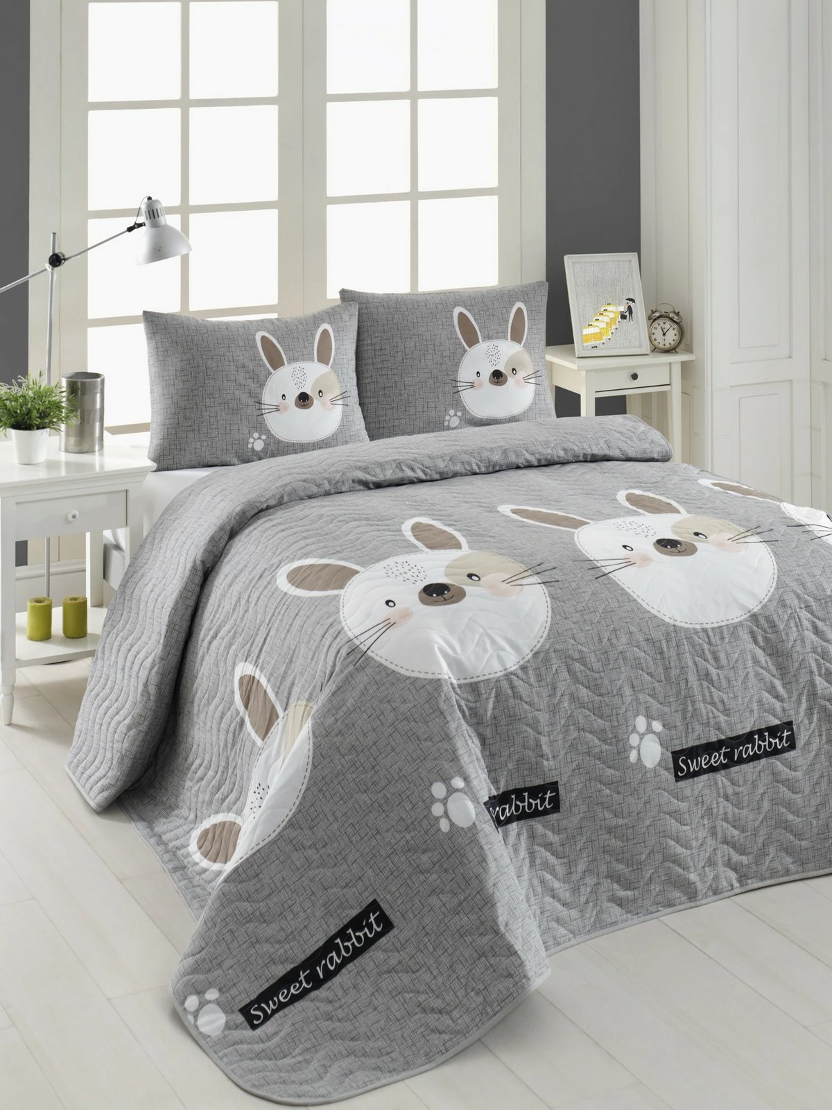 Set mbulesë krevati e qepur dyfishe, Tavşancık, ngjyrë kafe e çelët, gri, rozë