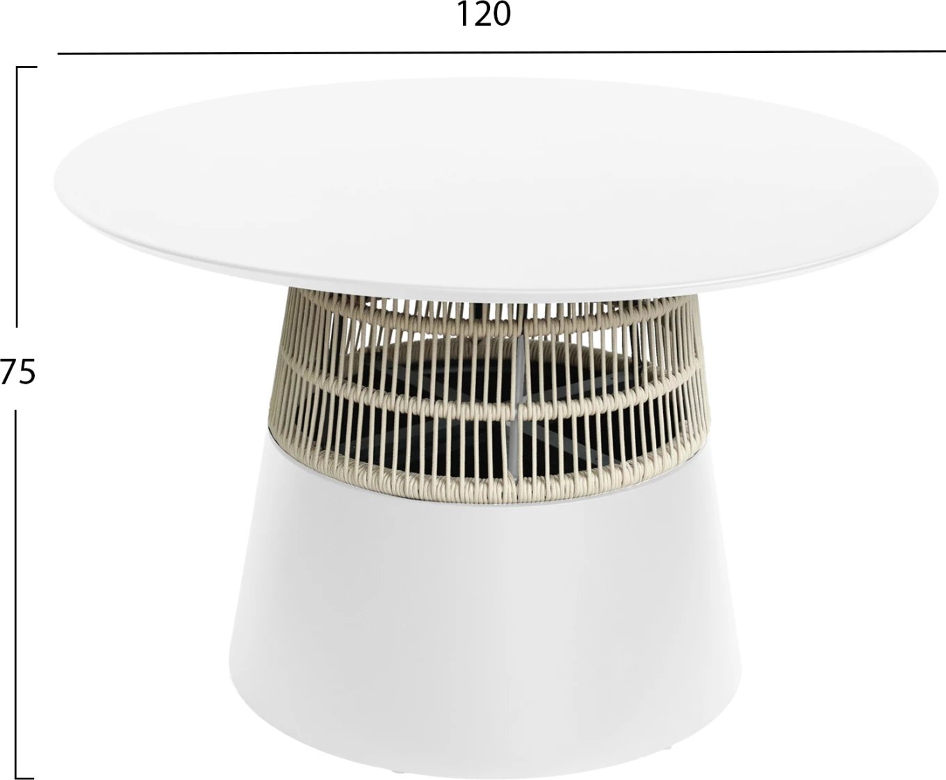 Tavolinë e rrumbullakët SAEID FH6106.02 alumin në të bardhë - litar sintetik në bezhë Φ120x75Hcm