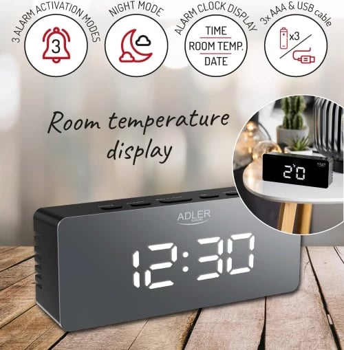 Orë alarmi, Adler, AD 1189, LED me temperaturë dhome, 3 mënyra alarmi, USB + 3xAAA, e zezë