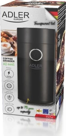 Mulli kafeje elektrik, Adler AD 4446, 150 W, kapacitet 75 g, kapak transparent, i zi/argjendtë