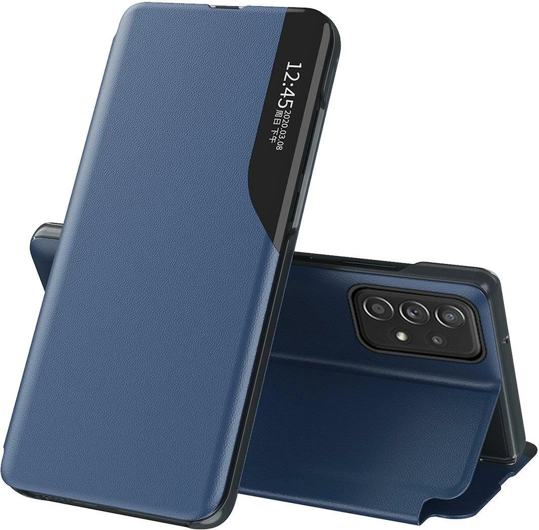 Mbështjellës Hurtel Eco Leather View Case për Samsung Galaxy A73, me kapak dhe mbajtëse, Blu