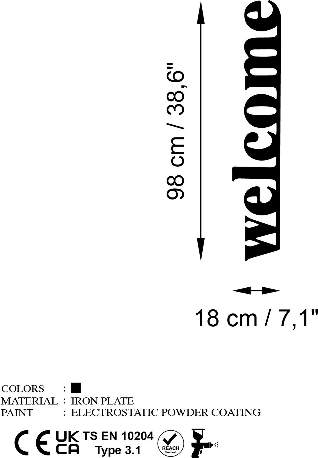 Aksesor dekorativ metalik për mur, Wallity, Welcome-5, ngjyrë e zezë, 18x98cm