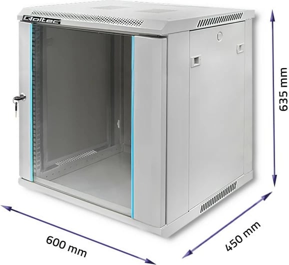 Kasë RACK Qoltec 12U, 600 x 450 x 635 mm, për montim në mur, Gri