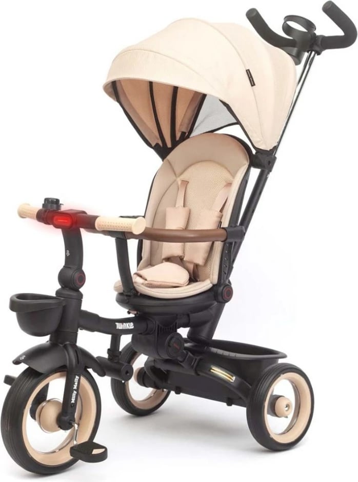 Tricikletë fëmijësh me dritë Milly Mally Twinkle, sedile rrotulluese 180°, timon prindëror i rregullueshëm, rrota shkumë, kapacitet 25 kg, me çati dhe kosha, bezhë